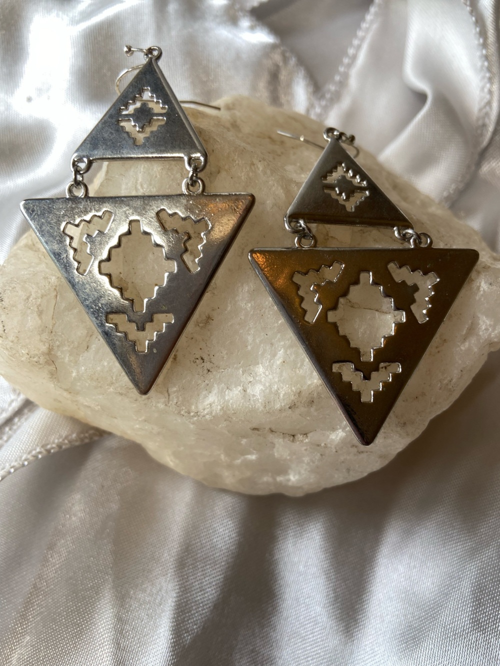 Geometric Triangle Cutout Silver-Tone Earrings Aztec motif